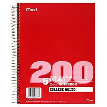Mead Spiral Bound Notebook, Perforated, College Ruled, 8.5&quot; x 11&quot;, White Paper, 200 Sheets