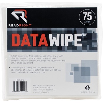 Read Right DataWipe Office Equipment Cleaner, Cloth, 6 x 6, White, 75/Pack