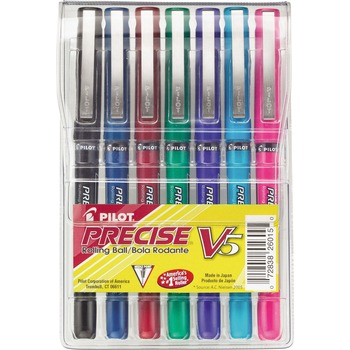 Pilot Precise V5 Roller Ball Stick Pen, Precision Point, Assorted Ink, .5mm, 7/Pack