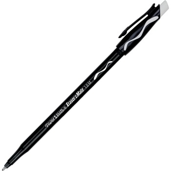 Paper Mate Eraser Mate Ballpoint Stick Erasable Pen, Black Ink, Medium, Dozen