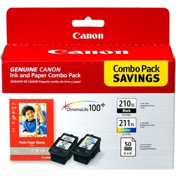 Canon 2973B004 (PGI-210XL/CL-211XL) High-Yield Ink and Paper Combo, for Photo Paper, Black/Tri-Color