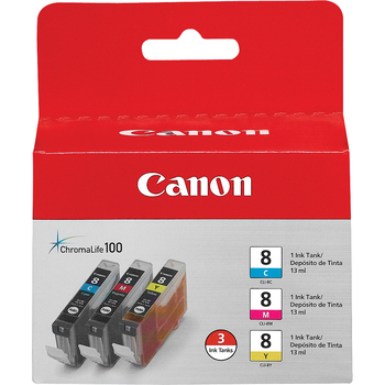 Canon 0621B016 (CLI-8) ChromaLife100+ Ink, Cyan/Magenta/Yellow, 3/PK