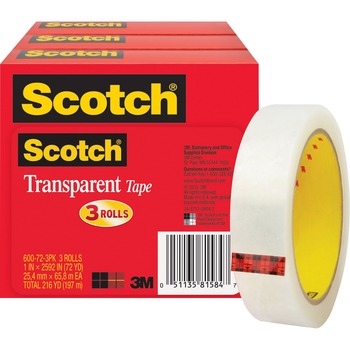 Scotch Transparent Tape 600 72 3PK, 1&quot; x 2592&quot;, 3&quot; Core, Transparent, 3/Pack