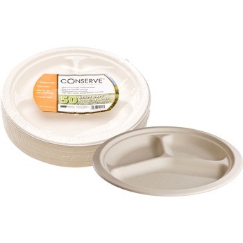 Baumgartens Conserve 3 Compartment Round Plates, Sugarcane, 10 1/4&quot;, White, 50 Plates/Pack