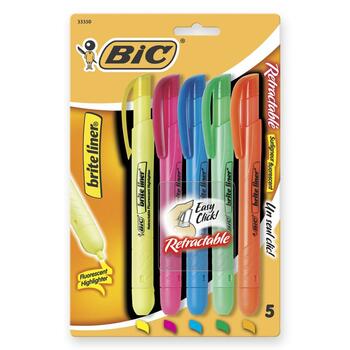 BIC Brite Liner Retractable Highlighter, Assorted Ink Colors, Chisel Tip, Assorted Barrel Colors, 5/Set