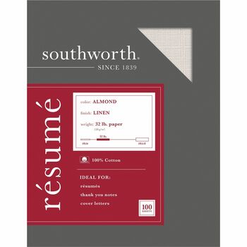 Southworth 100% Cotton Resume Paper, 8.5” x 11&quot;, 32 lb, Linen Finish, Almond, 100 Sheets/BX