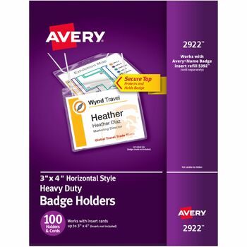 Avery Heavy-Duty Hanging-Style Badge Holders, Landscape,  3&quot; x 4&quot;, 100/BX