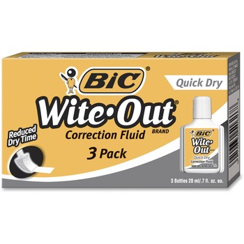 BIC Wite-Out Quick Dry Correction Fluid, 20 mL Bottle, White, 3/Pack