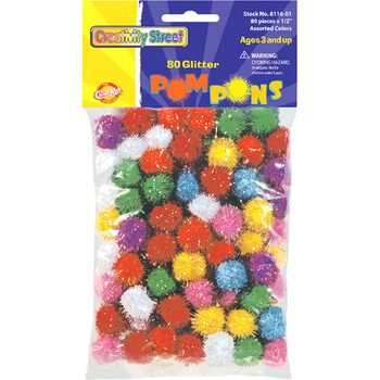 Creativity Street Glitter Pompons, 1/2&quot; Multicolored Glitter Poms, Assorted Colors, 80/Pack