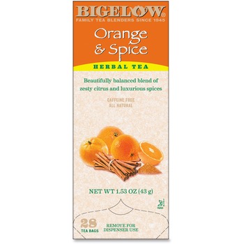 Bigelow Orange and Spice, Herbal Tea, Caffeine-Free, Tea Bags, 28/Box