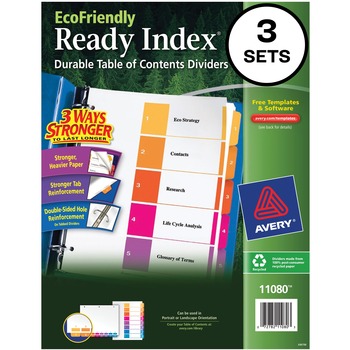 Avery Customizable Table of Contents EcoFriendly Dividers, Preprinted 1-5 Multicolor Tabs, 3 ST/PK