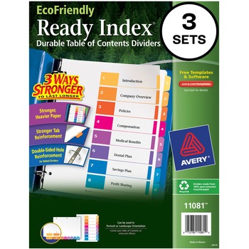 Avery Customizable Table of Contents EcoFriendly Dividers, Preprinted 1-8 Multicolor Tabs, 3 ST/PK