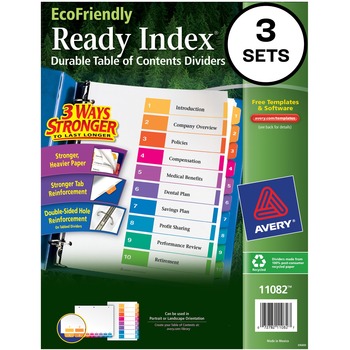 Avery Customizable Table of Contents EcoFriendly Dividers, Preprinted 1-10 Multicolor Tabs, 3 ST/PK