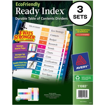 Avery Customizable Table of Contents EcoFriendly Dividers, Preprinted 1-12 Multicolor Tabs, 3 ST/PK
