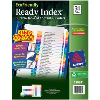 Avery Customizable Table of Contents EcoFriendly Dividers, Preprinted 1-31 Multicolor Tabs