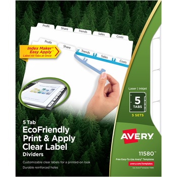 Avery Print &amp; Apply Clear Label EcoFriendly Dividers, Index Maker&#174; Easy Apply™ Printable Label Strip, 5 White Tabs, 5 ST/PK