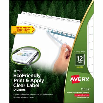 Avery Print &amp; Apply Clear Label EcoFriendly Dividers, Index Maker&#174; Easy Apply™ Printable Label Strip, 12 White Tabs, 5 ST/PK