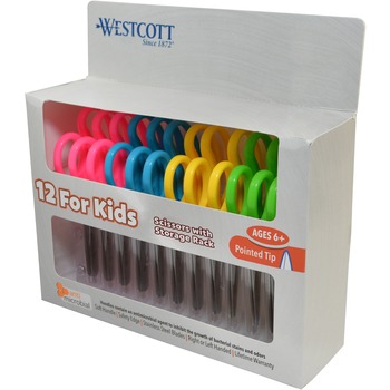 Westcott Kids Scissors, Antimicrobial Protection, 5 in, Pointed, Assorted Colors, 12/Pack
