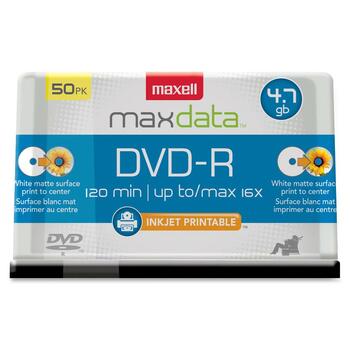 Maxell DVD-R Recordable Discs, Printable, 4.7GB, 16x, Spindle, White, 50/Pack