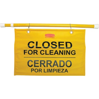 Rubbermaid Commercial Closed For Cleaning Hanging Doorway Safety Sign, Heavy Duty, Extend-to-Fit, Multilingual, Yellow