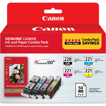 Canon 2945B011 (PGI-220/CLI-221) Ink/Paper Combo, Black/Cyan/Magenta/Yellow