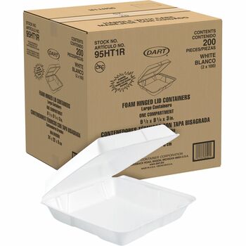 Dart Clamshell Carryout Container, Foam, Square, 9-1/2&quot; L x 9-1/4&quot; W x 3&quot; H, White, 200/Carton