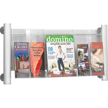 Safco Luxe Magazine Rack, Three Compartments, 31-3/4w x 5d x 15-1/4h, Clear/Silver
