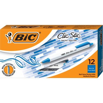 BIC Clic Stic Ballpoint Pen, Retractable, Medium 1 mm, Blue Ink, White Barrel, Dozen