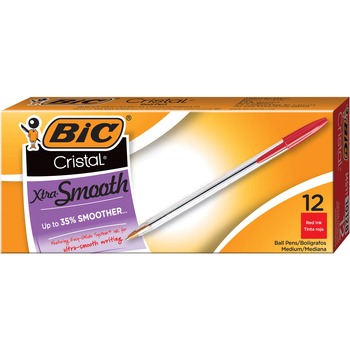 BIC Cristal Xtra Smooth Ballpoint Pen, Stick, Medium 1 mm, Red Ink, Clear Barrel, Dozen