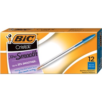 BIC Cristal Xtra Smooth Ballpoint Pen, Stick, Medium 1 mm, Blue Ink, Clear Barrel, Dozen