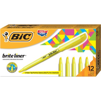 BIC Brite Liner Highlighter, Fluorescent Yellow Ink, Chisel Tip, Yellow/Black Barrel, Dozen