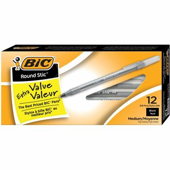 BIC Round Stic Xtra Life Ballpoint Pen, Stick, Medium 1 mm, Black Ink, Smoke Barrel, Dozen