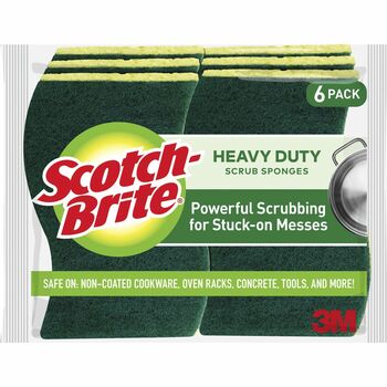 3M Scotch-Brite Heavy-Duty Scrub Sponge, 4 1/2&quot; x 2 7/10&quot; x 3/5&quot;, Green/Yellow, 6/Pack