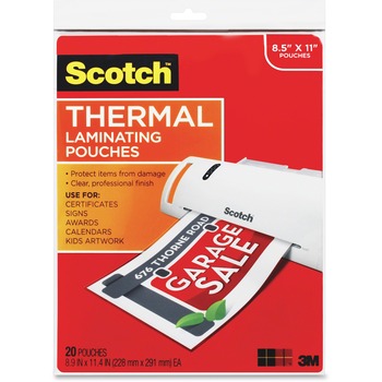 Scotch™ Letter Size Thermal Laminating Pouches, 3 mil, 8.9 in x 11.4 in, 20/Pack
