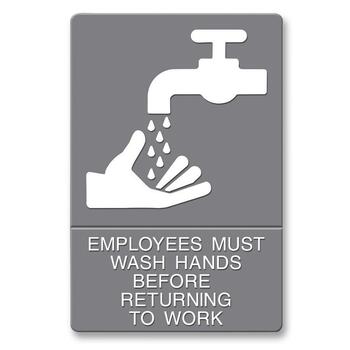 Headline Sign ADA Sign, EMPLOYEES MUST WASH HANDS... Tactile Symbol/Braille, 6&quot; x 9&quot;, Gray