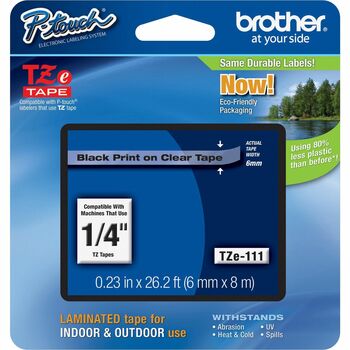 Brother P-Touch TZe Standard Adhesive Laminated Labeling Tape, 1/4w, Black on Clear