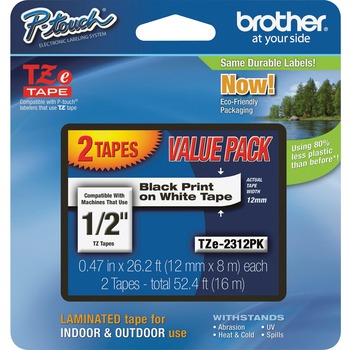 Brother P-Touch TZe Standard Adhesive Laminated Labeling Tapes, 1/2w, Black on White, 2/Pack