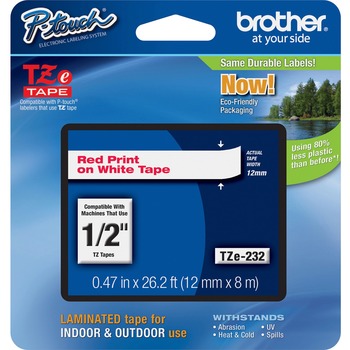 Brother P-Touch TZe Standard Adhesive Laminated Labeling Tape, 1/2w, Red on White