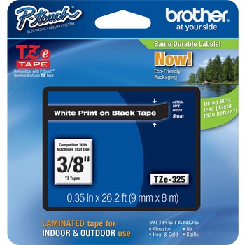 Brother P-Touch TZe Standard Adhesive Laminated Labeling Tape, 3/8w, White on Black