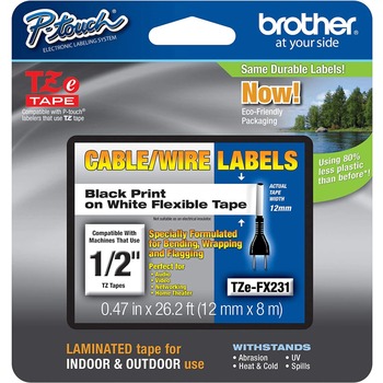 Brother P-Touch TZEFX-231 Flexible Tape, Removable Adhesive, 0.47&quot; wide x 26.20-ft long, Rectangle, Thermal Transfer, White