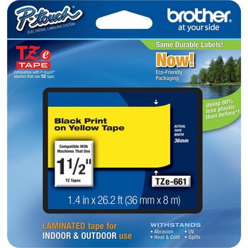 Brother P-Touch TZe Standard Adhesive Laminated Labeling Tape, 1-1/2w, Black on Yellow