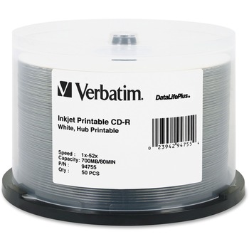 Verbatim CD-R Discs, 700MB/80min, 52x, Spindle, White, 50/Pack