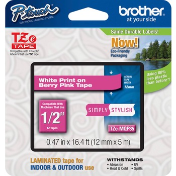 Brother P-Touch TZ Standard Adhesive Laminated Labeling Tape, 1/2&quot; x 16.4 ft., White/Berry Pink