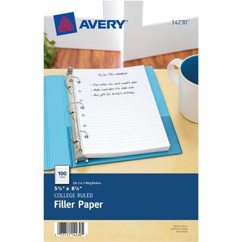 Avery Mini Binder Filler Paper, College Rule, 7-Hole Punched, 5.5&quot; x 8.5&quot;, 100 Sheets/Pack