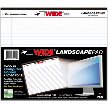 Roaring Spring Wide Landscape Writing Pad, College Ruled, 9.5&quot; x 11&quot;, White Paper, 40 Sheets