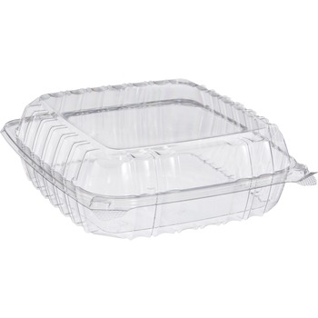 Dart&#174; ClearSeal Hinged-Lid Plastic Containers, 8 3/10&quot; x 8 3/10&quot; x 3&quot;, Clear, 250/CT