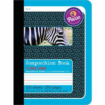Pacon Composition Book, 0.5&quot; Ruling, 9.75&quot; x 7.5&quot;, White Paper, Blue Animal Print Cover, 100 Sheets