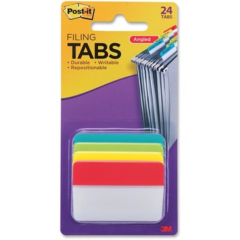Post-it Angled Tabs, 2 x 1 1/2, Solid, Aqua/Lime/Red/Yellow, 24/Pack