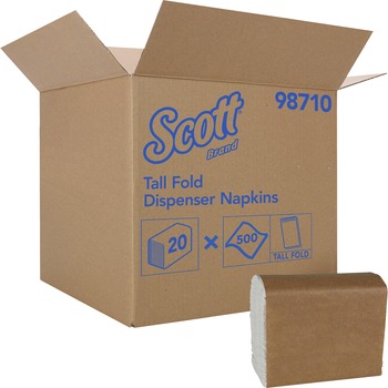 Scott Disposable Snack Sized Napkins, 1-Ply, 7&quot; W x 13 1/2&quot; L, Tall Fold, White, 500 Napkins/Pack, 20 Packs/Carton