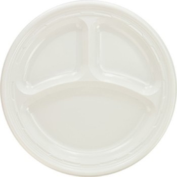 Dart 3 Compartment Round Plates, Plastic, 9&quot;, White, 125 Plates/Pack, 4 Packs/Carton